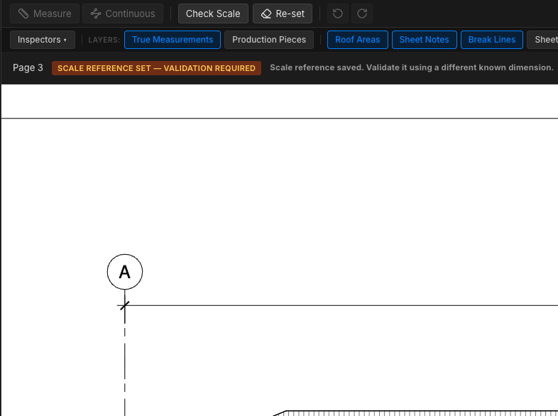 The RoofDatum scale check: a “Scale reference set — validation required” notice reading “Scale reference saved. Validate it using a different known dimension”, with a Check Scale button and a second check dimension being marked on the plan